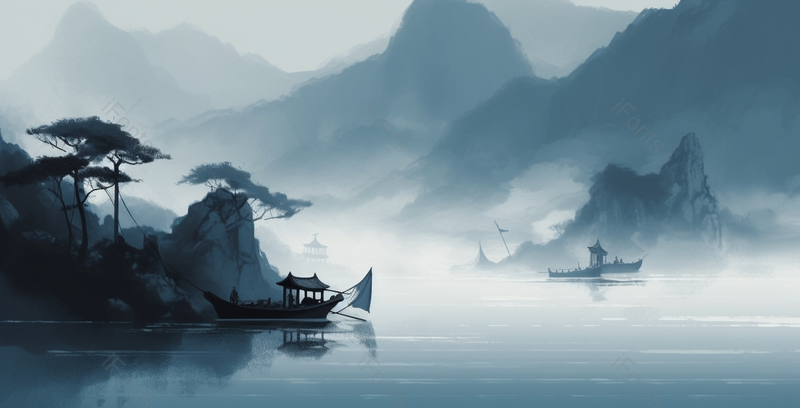 船只支起渔网停在江边新中式蓝色水墨意境山水画,插画/手绘图,插画/手绘图库,插画/手绘图下载,插画/手绘